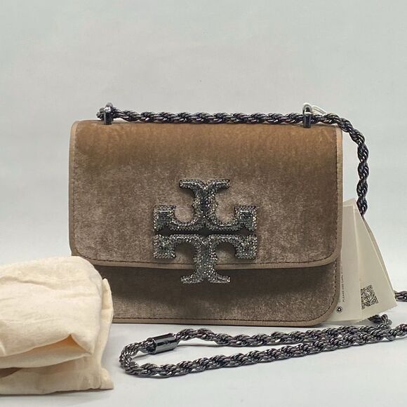 Tory Burch Eleanor Velvet Pavé Logo Small Convertible Shoulder Bag - Picture 1 of 16